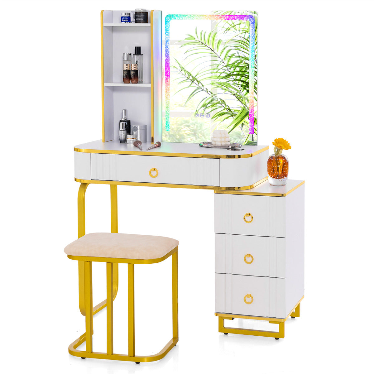 Tocador de Maquilhagem RGB com Espelho 4 Gavetas 7 Luzes LED Dinâmicas 7 Estáticas Banqueta e Portas USB Tipo C para Quarto Branco