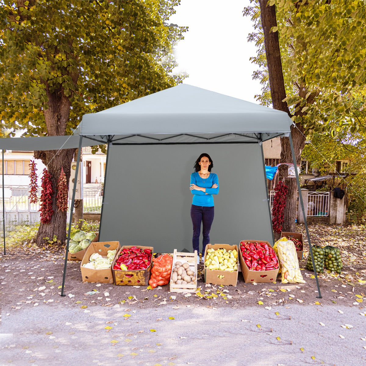 Toldo de Carpa com Paredes Laterais Carpa de Pernas Inclinadas Dobrável para Exterior 599 x 300 x 235-255 cm Cinzento