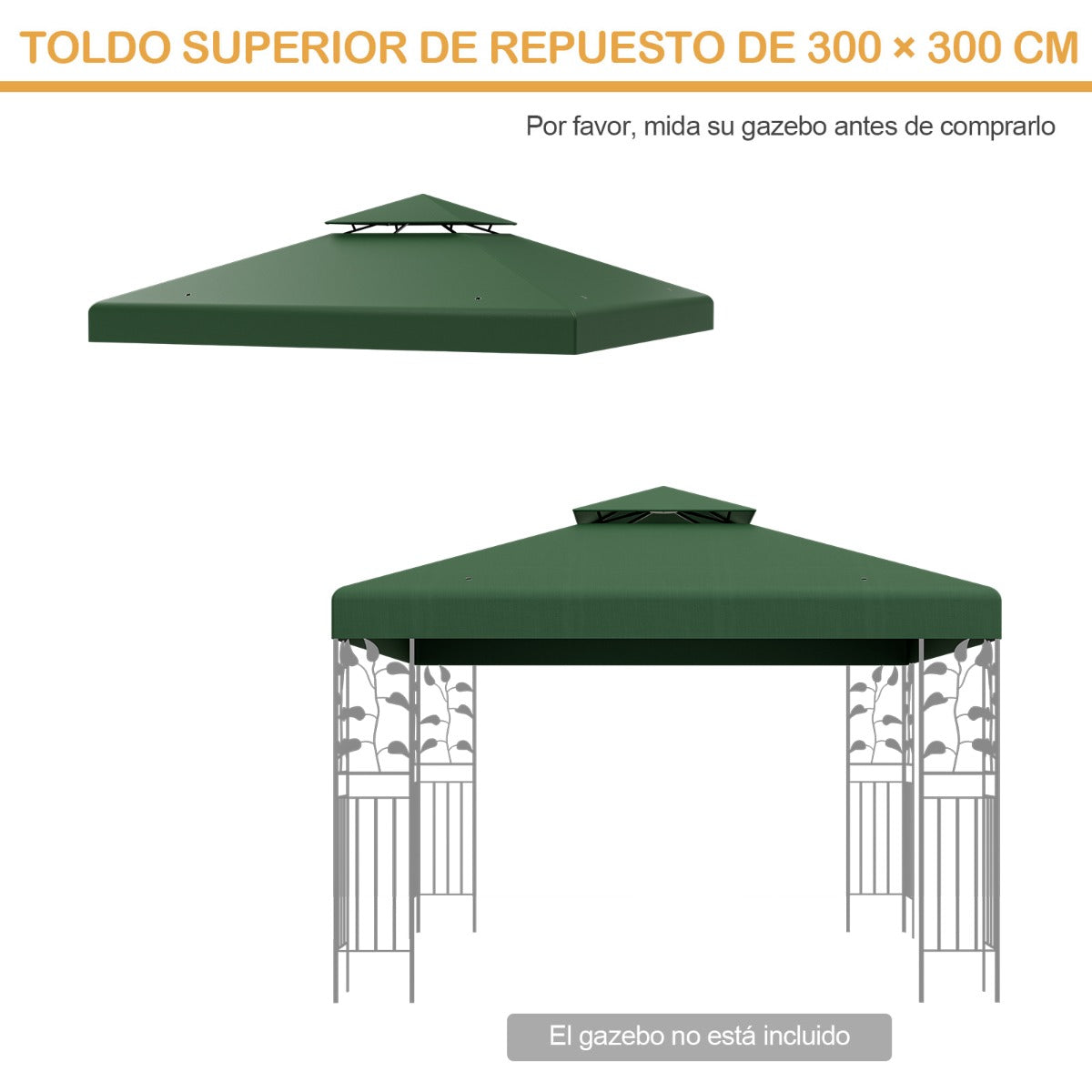 Toldo de Substituição de Dois Pisos para Pérgola 3 x 3 m Toldo de Pavilhão em Poliéster para Pátio com Fivelas em Alumínio Verde