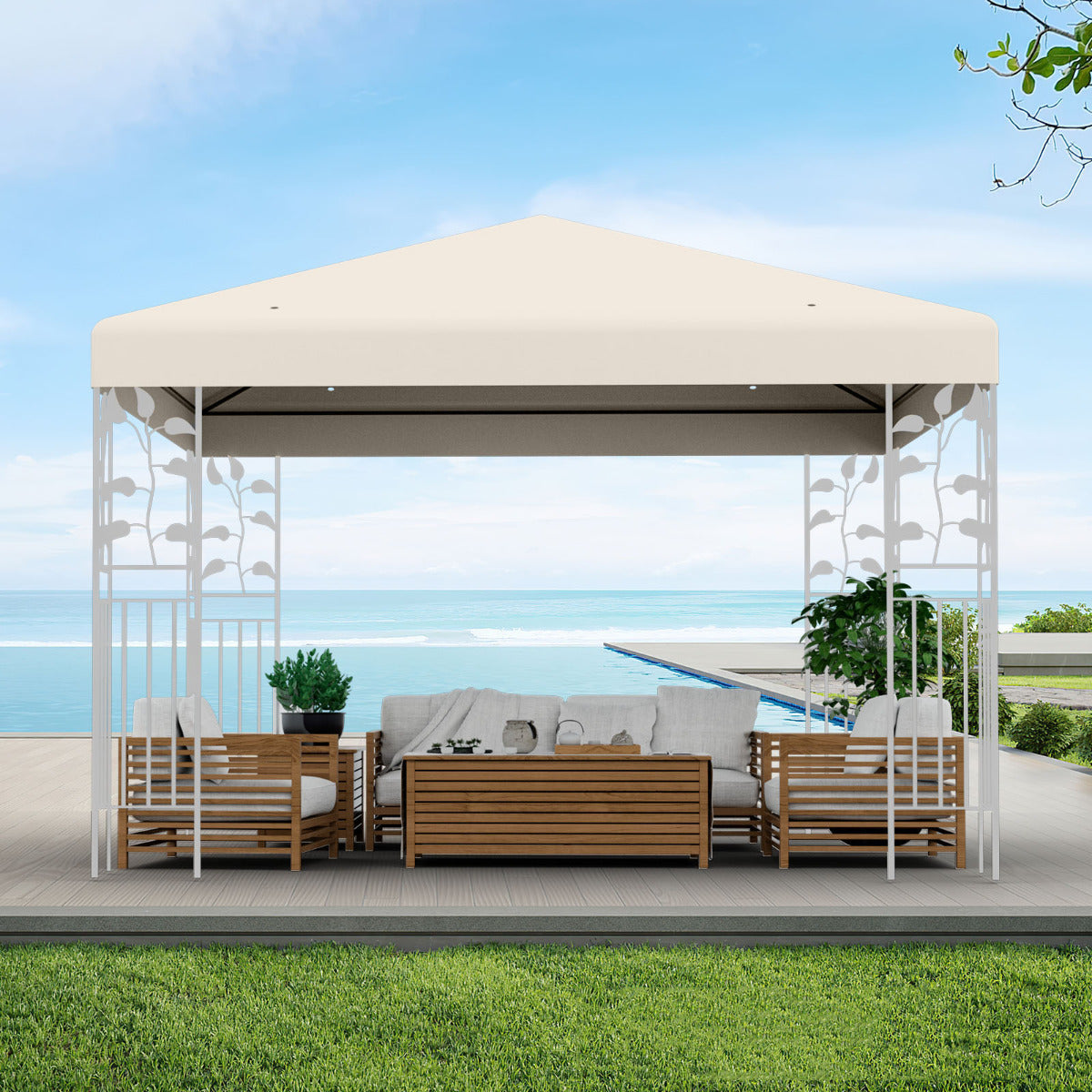 Toldo de Substituição para Pérgula 300 x 300 cm Toldo de Pavilhão em Poliéster para Pátio com Velcro e Orifícios de Drenagem Bege
