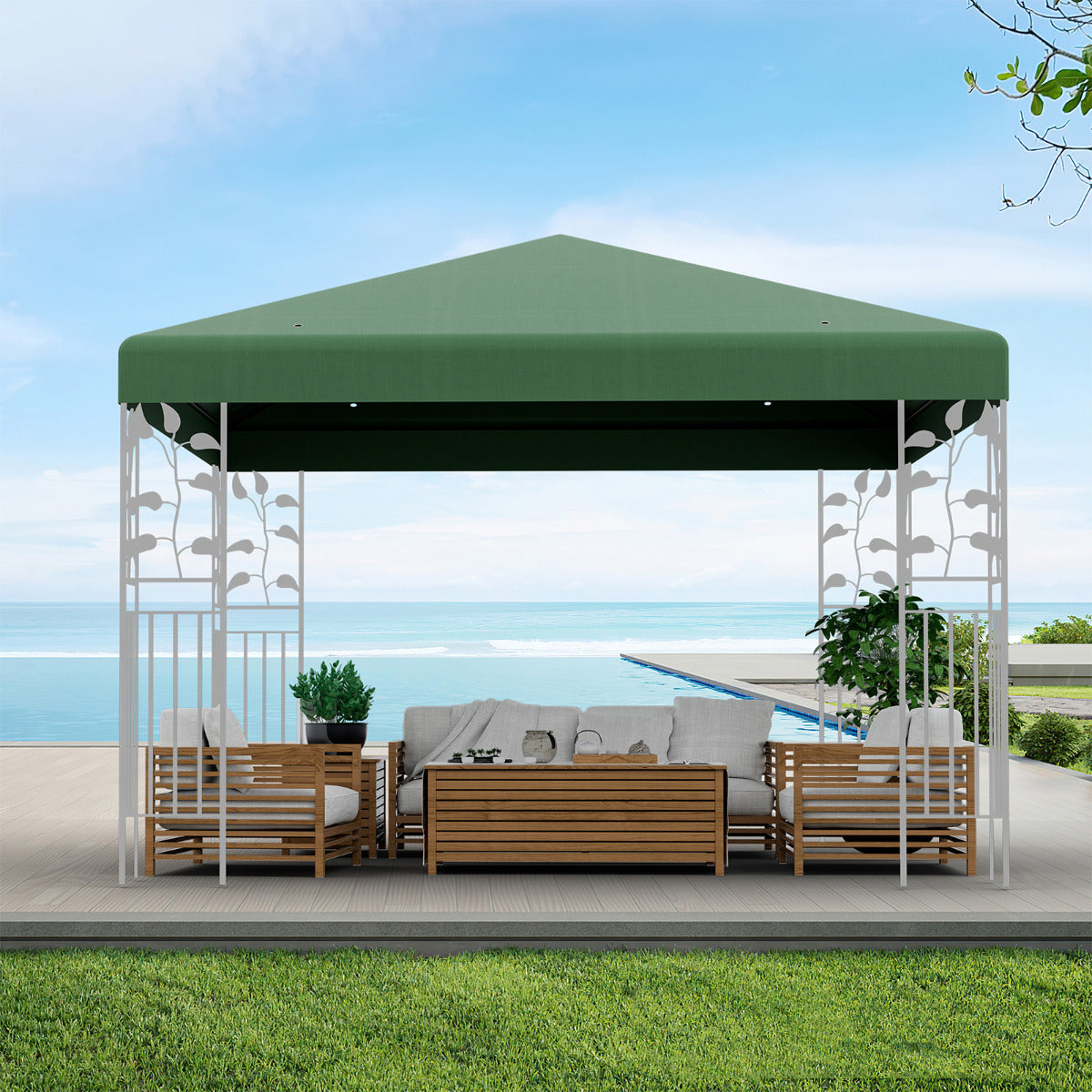 Toldo de Substituição para Pergola 300 x 300 cm Toldo de Pavilhão em Poliéster para Pátio com Velcro e Orifícios de Drenagem Verde