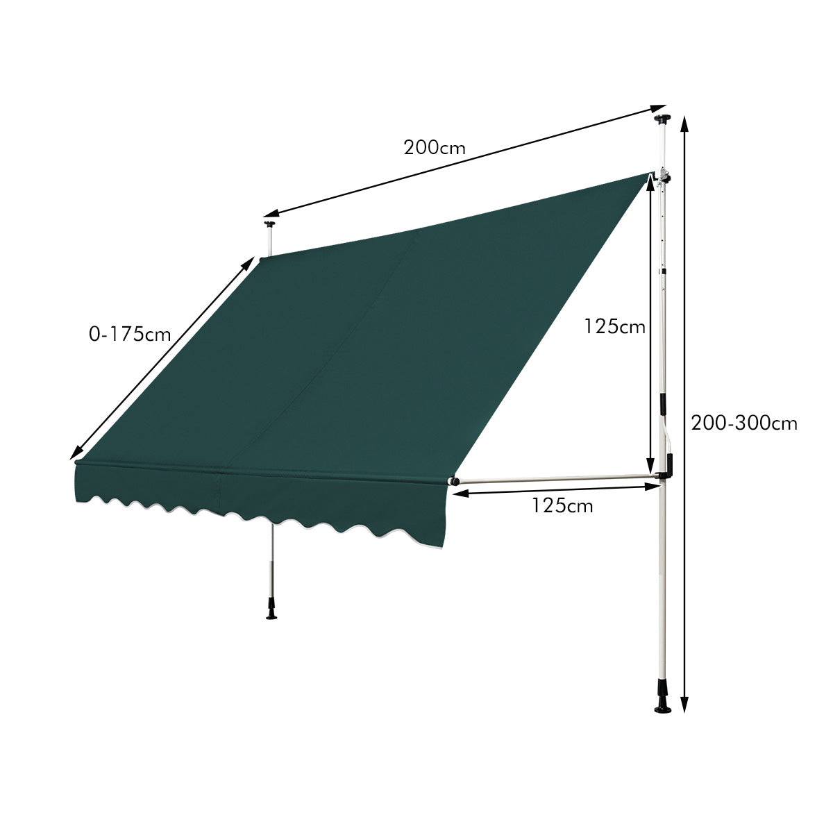 Toldo Exterior Terraço Altura Ajustável 2-3 m 200 x 125 cm com Manivela Resistente Intempéries Jardim e Varanda Verde