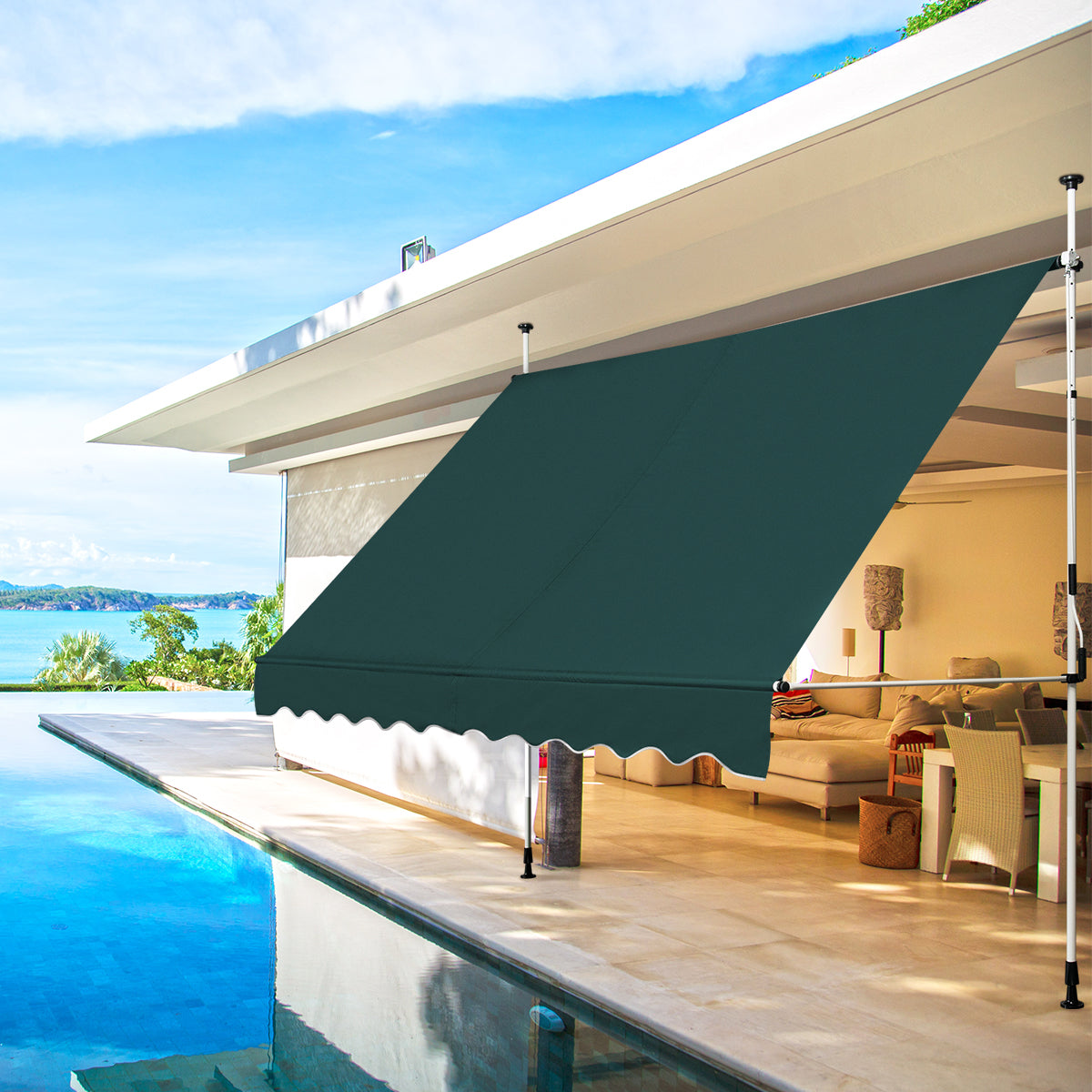 Toldo Telescópico e Retrátil 300 x 120 cm Resistente aos Raios UV Impermeável com Manivela Manual e Altura Regulável para Janela Varanda Verde