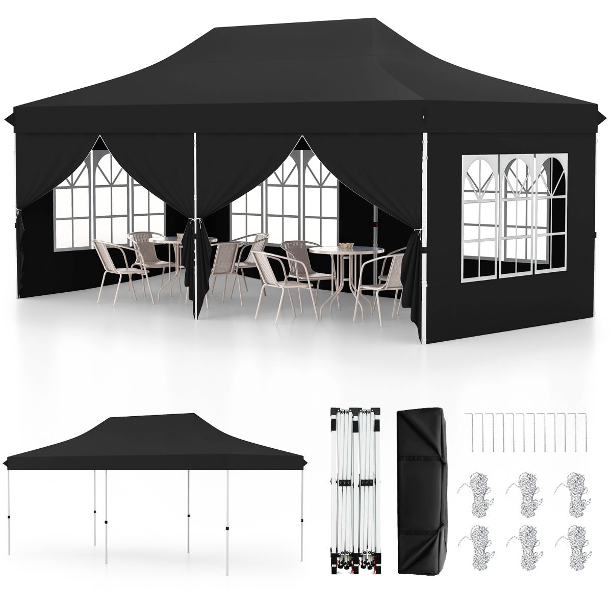 Toldo de 600 x 300 cm com 6 Paredes Laterais Removíveis e Bolsa de Transporte - Preto