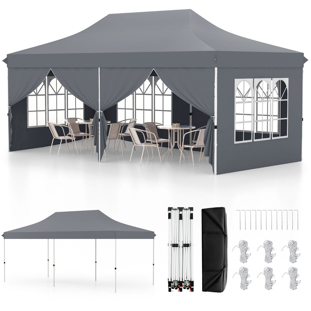 Toldo de 600 x 300 cm com 6 Paredes Laterais Removíveis Cinza para Festas e Eventos