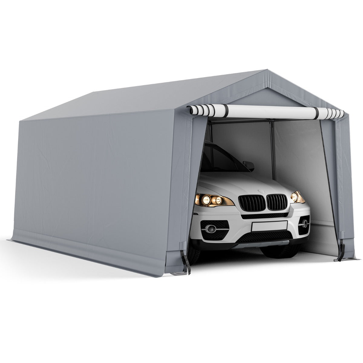 Toldo de 290 x 490 cm com Estrutura de Aço Galvanizado - Garagem Portátil com Grande Toldo e Portas para Carros Cinzento