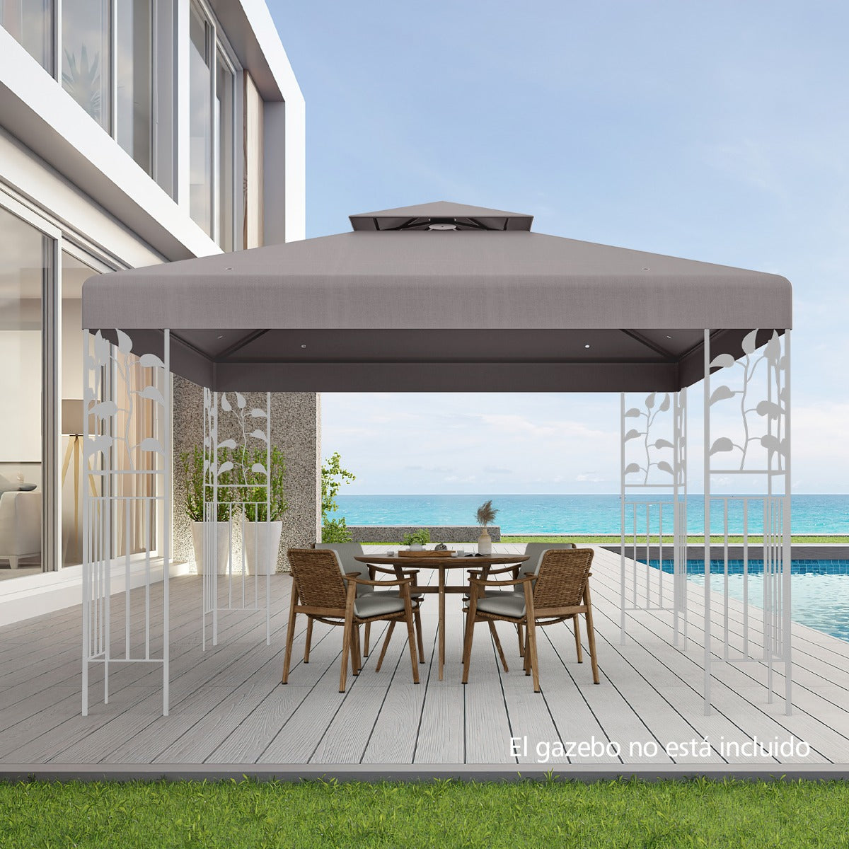 Toldo de Substituição para Pérgula de 2 Pisos de 300 x 300 cm com Fivelas de Alumínio Ganchos e Fecho Cinzento