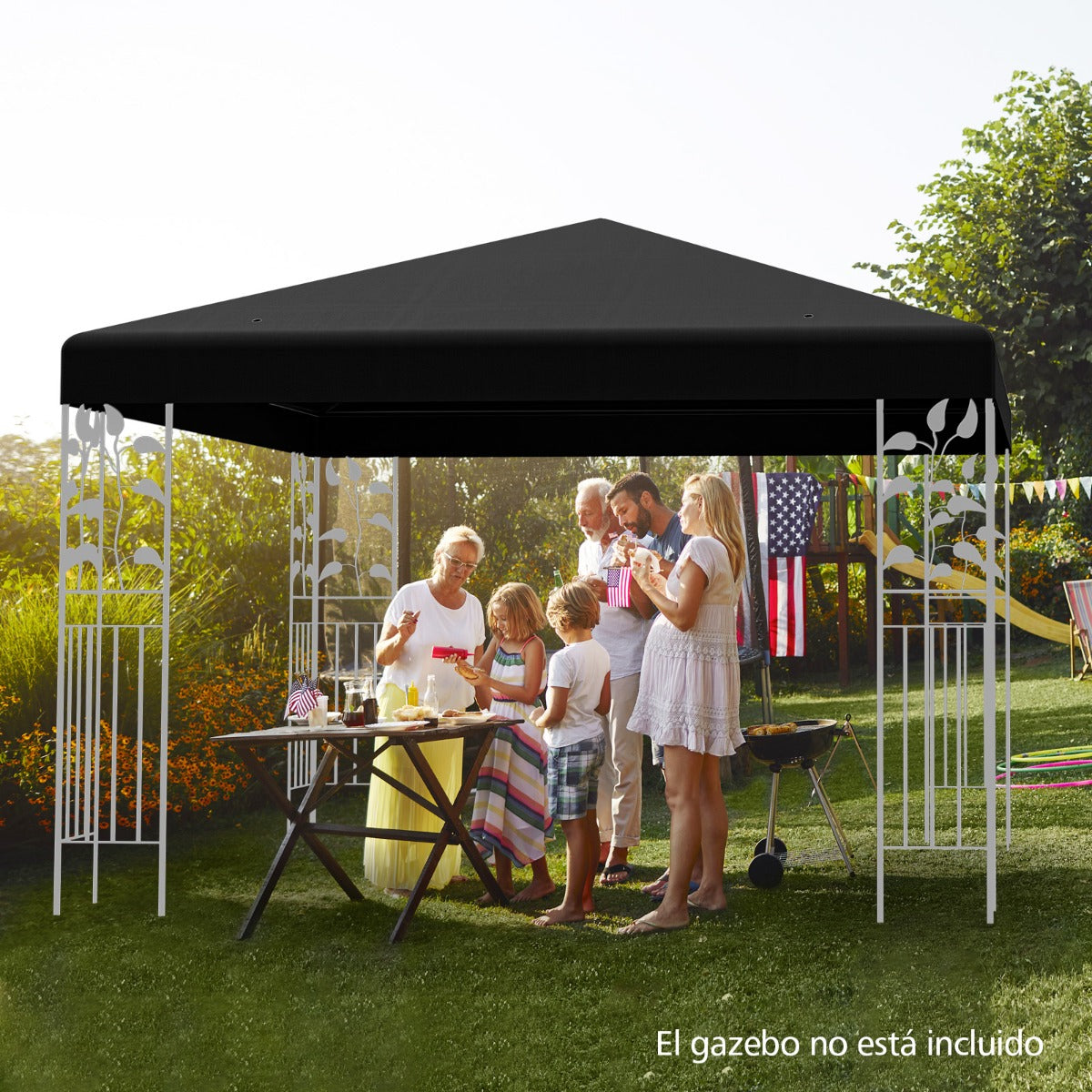Toldo de Substituição para Gazebo 300 x 300 cm Fácil de Montar em Pátios com Fecho de Gancho e Velcro e Orifícios de Drenagem - Preto