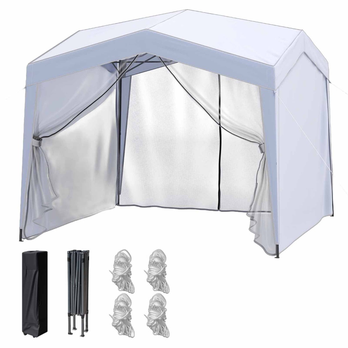 Carpa Dobrável Emergente com 4 Paredes Laterais Rede de Malha Bolsa com Rodas 8 Estacas 4 Cordas de Vento Branco