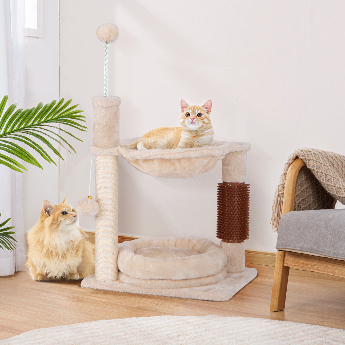Torre de Árvore para Gatos de 2 Níveis com Rede de Descanso e Cama de Peluche Bola Pendente Bola de Mola Poste Arranhador de Sisal Autolimpeza