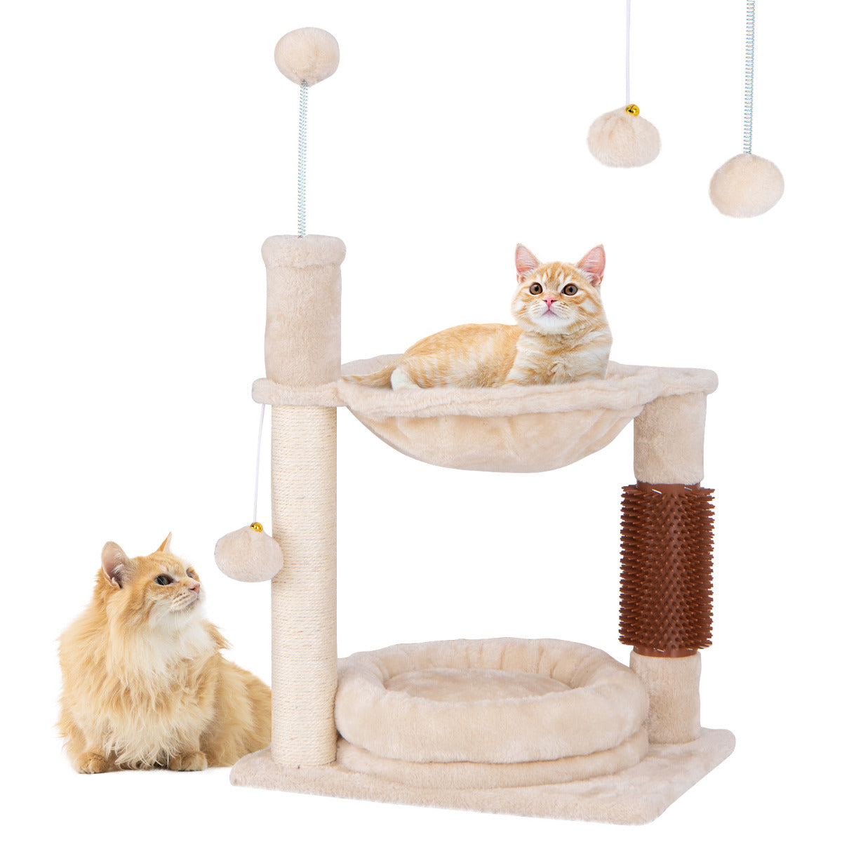 Torre de Árvore para Gatos de 2 Níveis com Rede de Descanso e Cama de Peluche Bola Pendente Bola de Mola Poste Arranhador de Sisal Autolimpeza