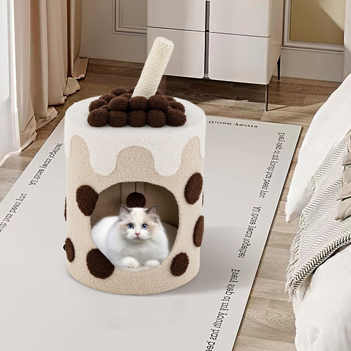 Torre de Árvore para Gatos em Forma de Chá de Bolhas Condomínio para Gatos com Arranhador de Sisal e Bola Pendurada 67 x 37 x 37 cm Café