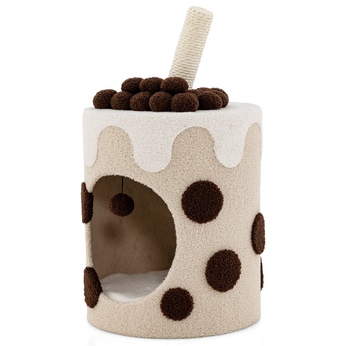 Torre de Árvore para Gatos em Forma de Chá de Bolhas Condomínio para Gatos com Arranhador de Sisal e Bola Pendurada 67 x 37 x 37 cm Café