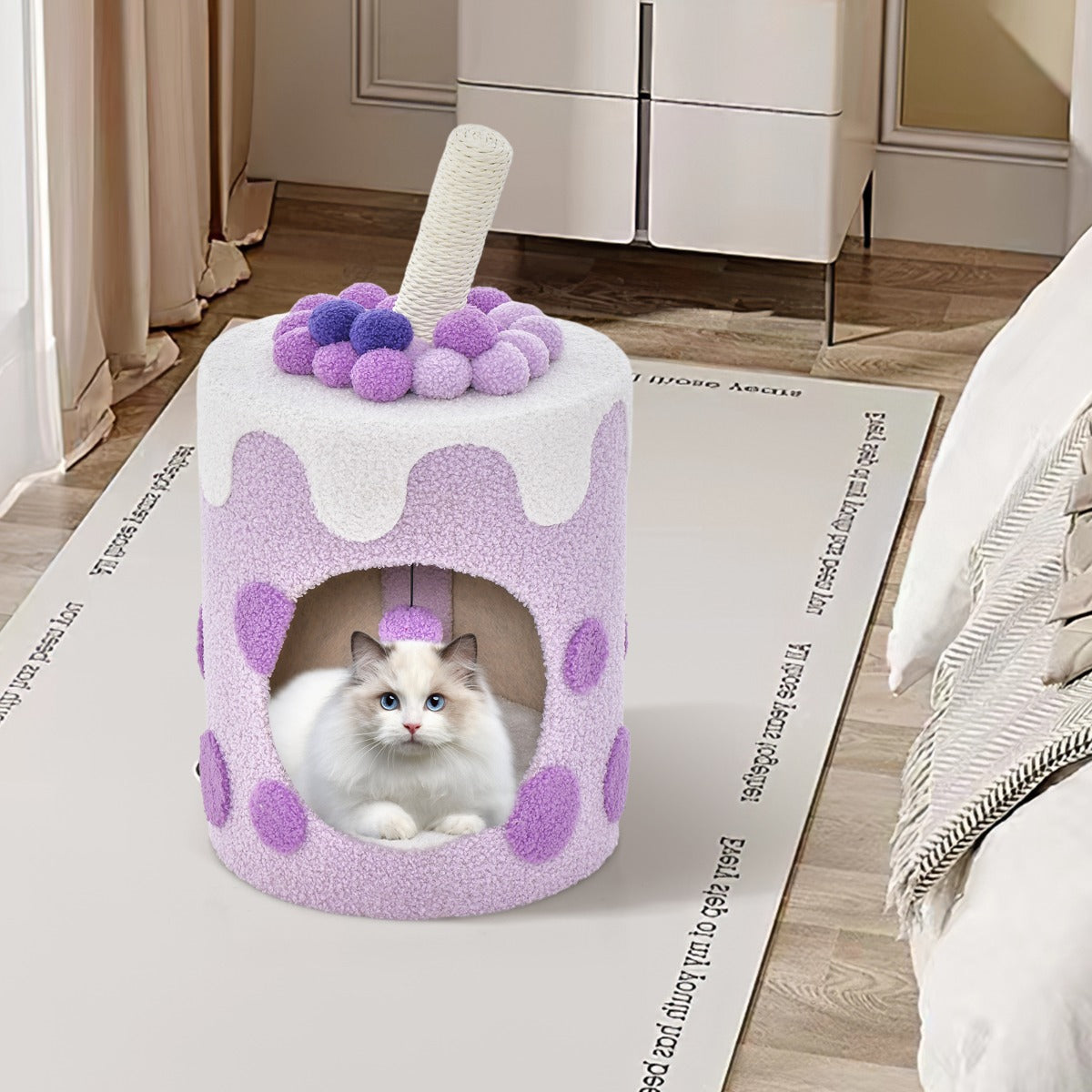 Torre de Árvore para Gatos em Forma de Chá de Bolhas Condomínio para Gatos com Arranhador de Sisal e Bola Pendurada 67 x 37 x 37 cm Roxo