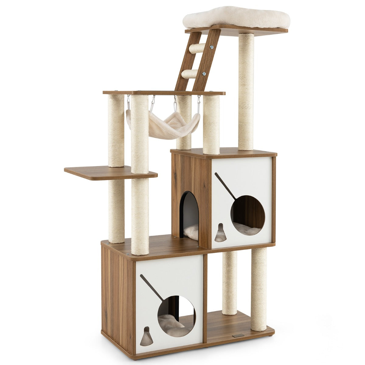 Torre de Árvore de 145 cm Centro de Atividades de Vários Níveis com Postes Arranhadores Percha Escada Pendente 2 Condomínios Natural