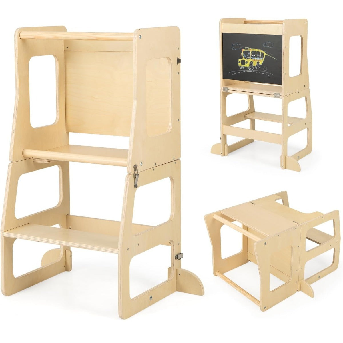 Torre de Aprendizagem para Crianças com Quadro Negro Banqueta Dobrável 2 em 1 com Grade de Segurança Capacidade 60 kg Natural