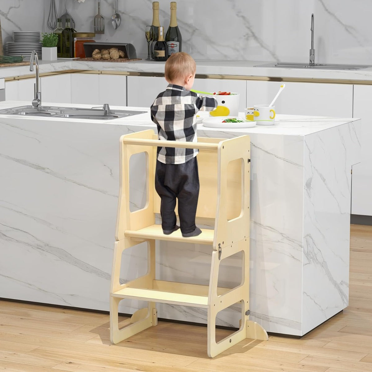 Torre de Aprendizagem para Crianças com Quadro Negro Banqueta Dobrável 2 em 1 com Grade de Segurança Capacidade 60 kg Natural
