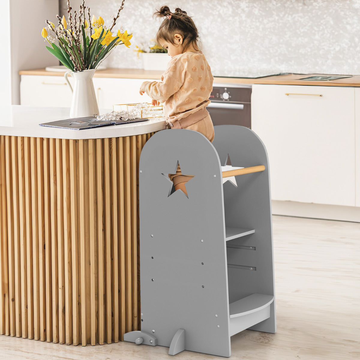 Torre de Cozinha Multifuncional para Crianças Torre Infantil com Altura Ajustável e Quadro Duplo Corrimão de Segurança Banquinho de Auxílio Cinzento