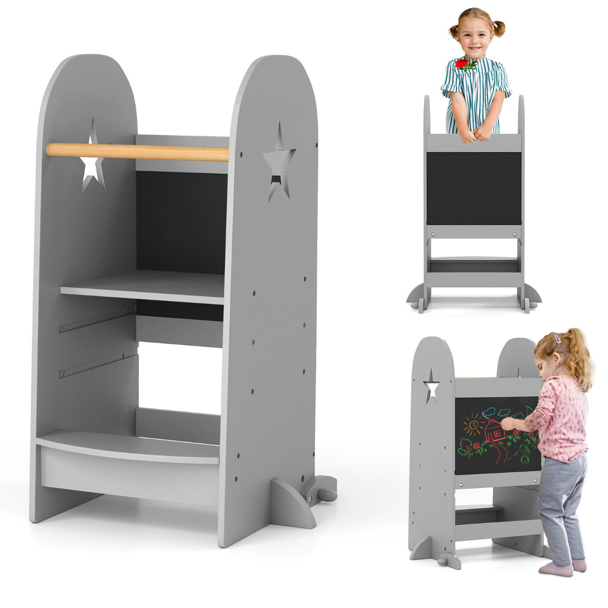 Torre de Cozinha Multifuncional para Crianças Torre Infantil com Altura Ajustável e Quadro Duplo Corrimão de Segurança Banquinho de Auxílio Cinzento