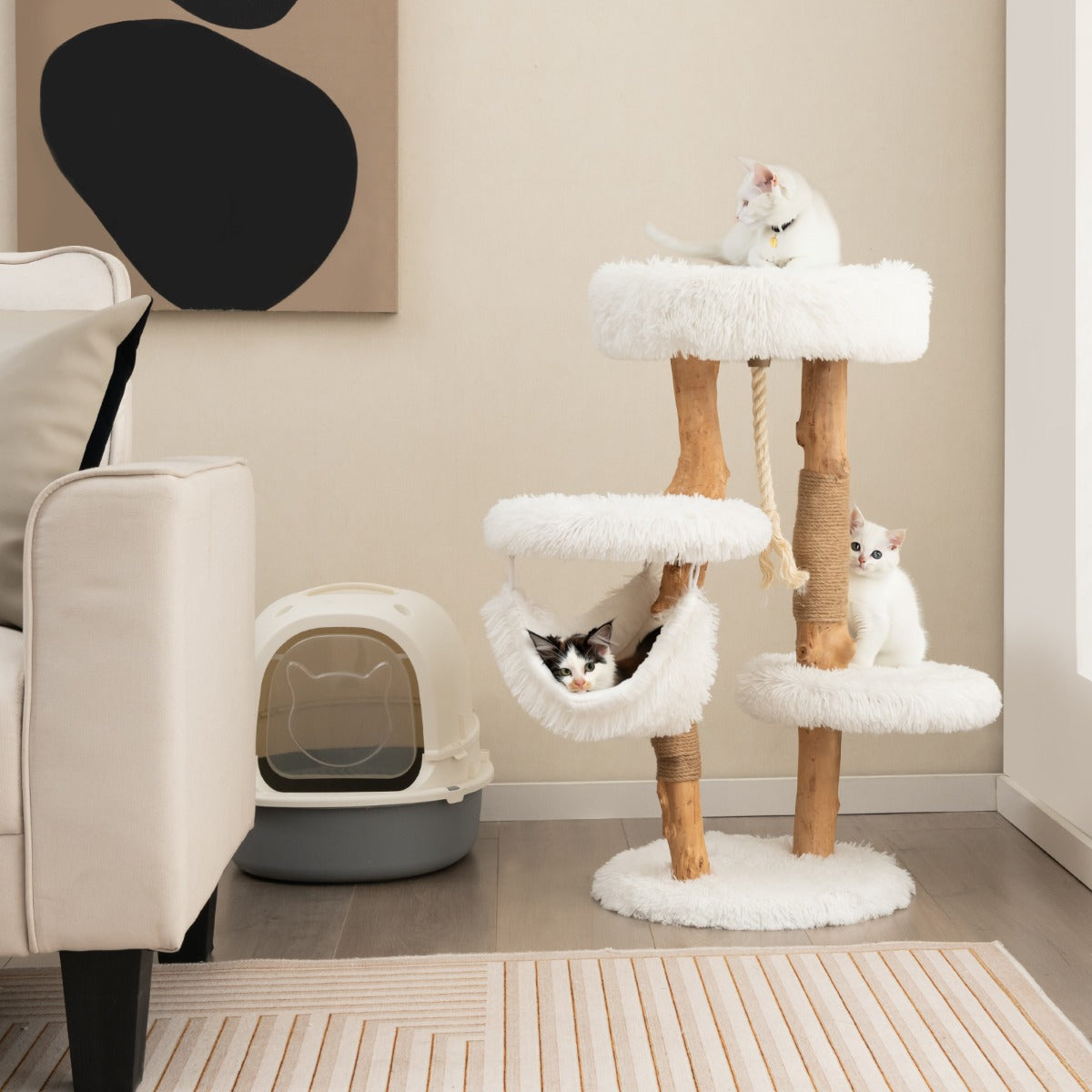 Centro de Atividades de Madeira Maciça para Gatos com Postes de Sisal, Hamaca e Corda Pendente 41 x 41 x 87 cm Natural e Branco