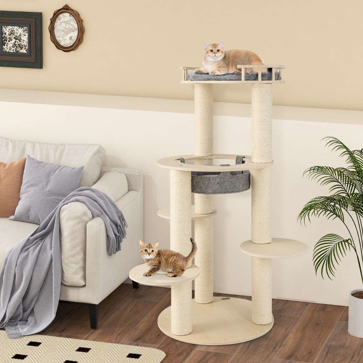 Torre para Gatos de Madeira de 6 Níveis Moderna 150 cm com Percha Acolchoada, Hamaca, Postes Arranhadores de Sisal Cinza