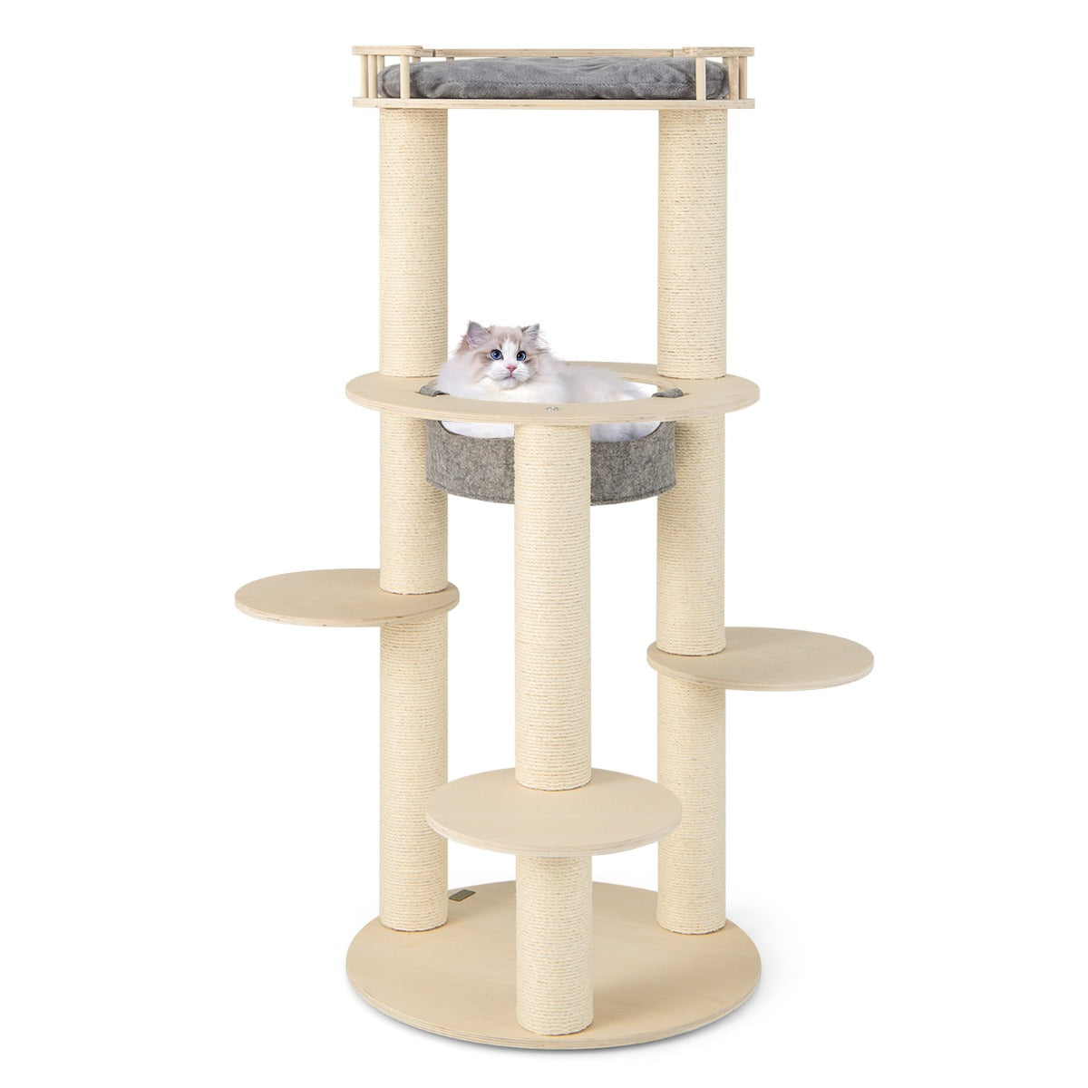 Torre para Gatos de Madeira de 6 Níveis Moderna 150 cm com Percha Acolchoada, Hamaca, Postes Arranhadores de Sisal Cinza