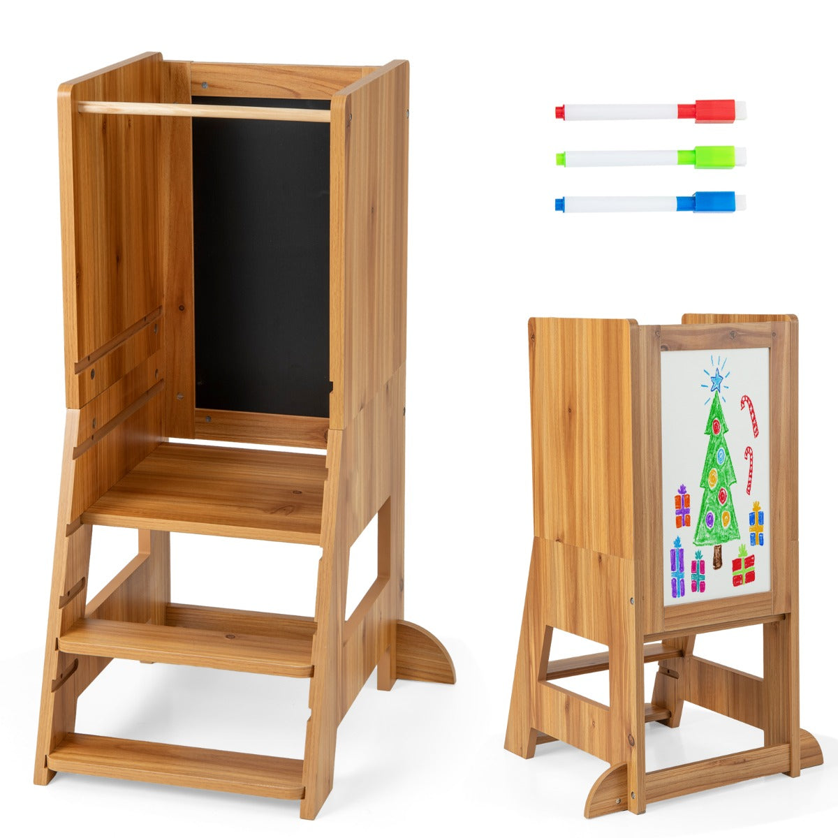Torre de Pé 2 em 1 para Crianças de 1-7 Anos com 3 Canetas Base de Água Plataforma de Quadro-Negro e Degrau Ajustáveis Capacidade de 70 kg Natural