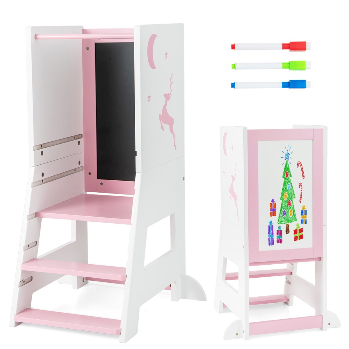 Torre de Aprendizagem 2 em 1 para Crianças dos 1-7 Anos com 3 Canetas de Água Base de Escrita Plataforma e Degrau Ajustáveis Suporta 70 kg Rosa
