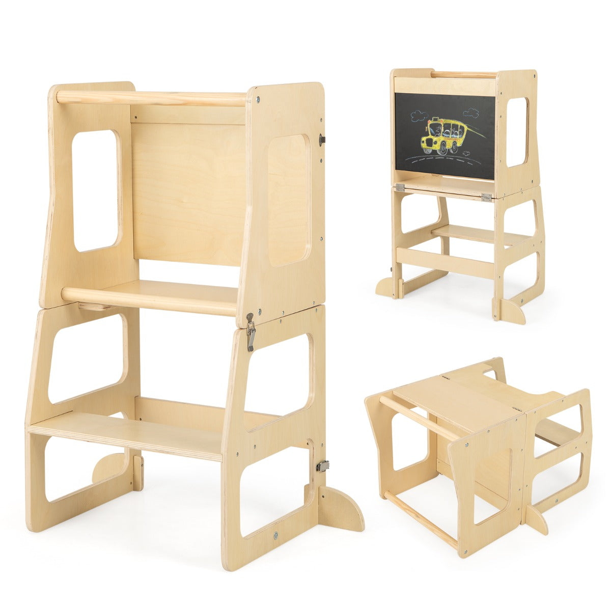 Torre de Pé de Cozinha Dobrável 3 em 1 para Crianças com Quadro Negro Mesa Banquinho Barra de Segurança para Casa de Banho Bancada para Refeições Natural