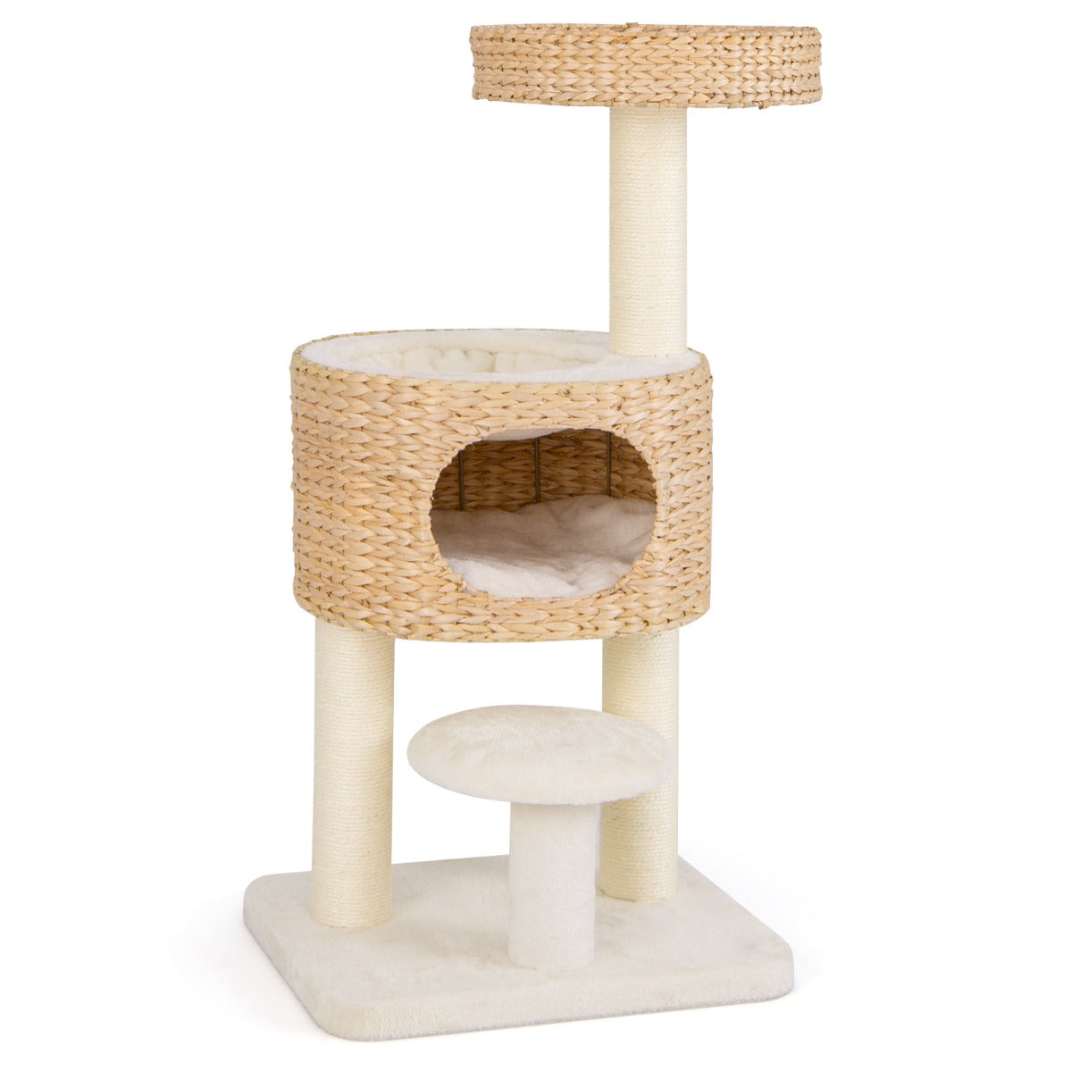 Torre de Gatos para Interior com Percha Superior, Condomínio de Totora, Postes de Arranhar de Sisal, Brinquedo Pendurado, Cama e Almofada Naturais
