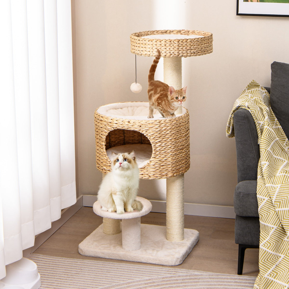 Torre de Gatos para Interior com Percha Superior, Condomínio de Totora, Postes de Arranhar de Sisal, Brinquedo Pendurado, Cama e Almofada Naturais