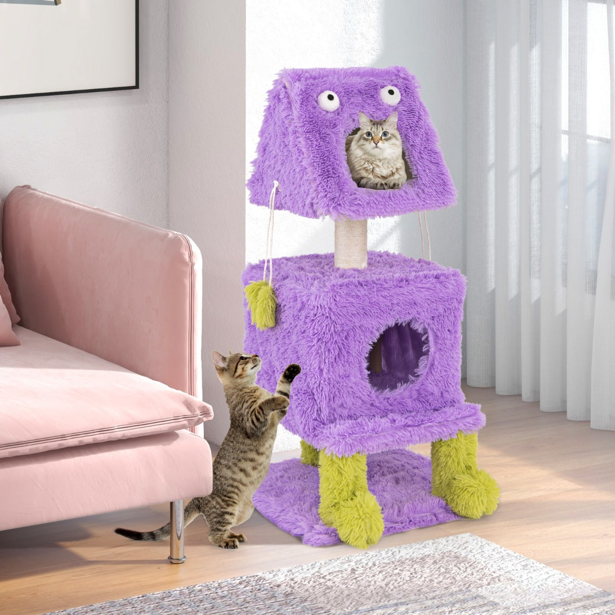 Torre para Gatos com Temática de Monstros em Pelúcia Macia - Púrpura