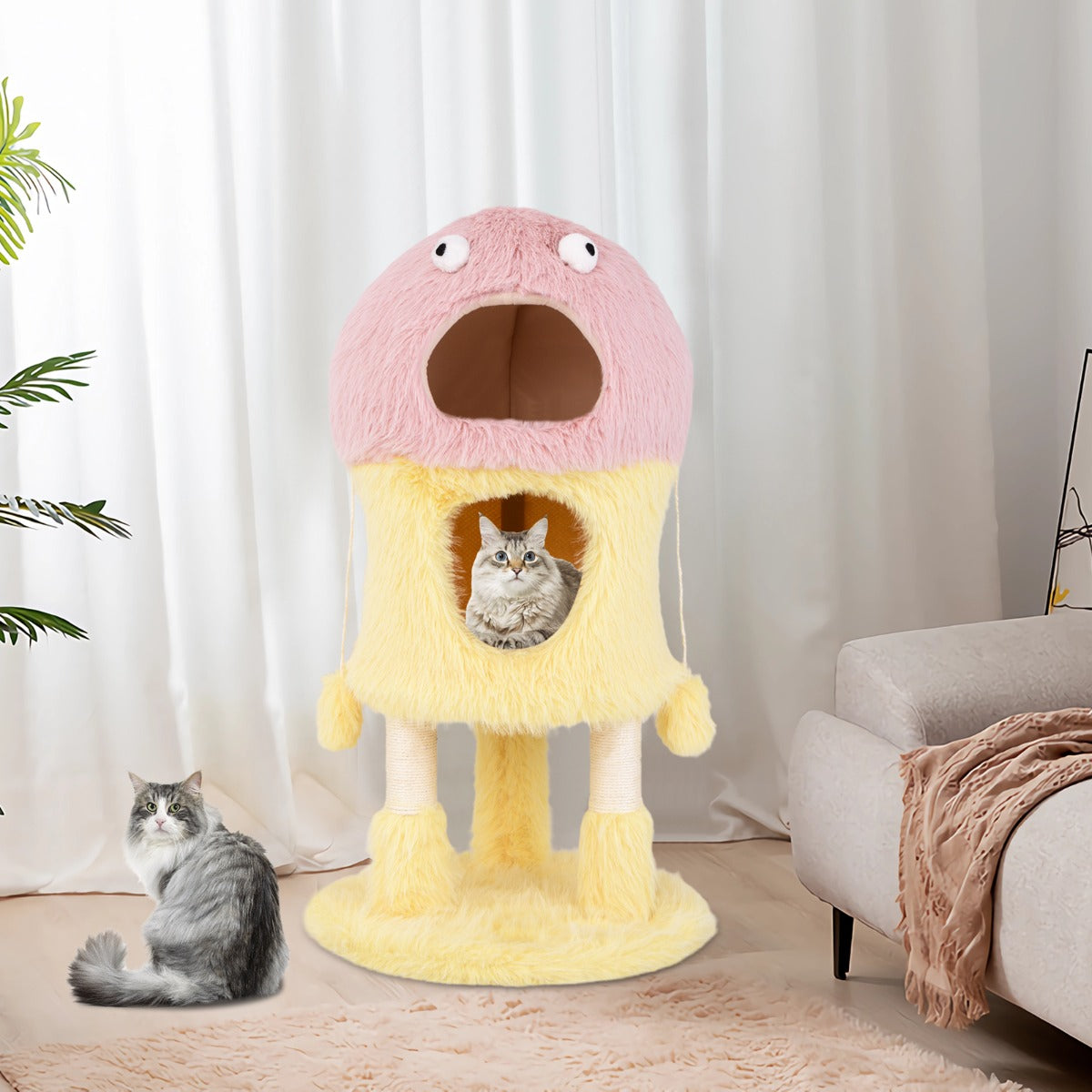 Arranhador para Gatos – 48 x 93 cm – Rosa e Amarelo – Pelúcia