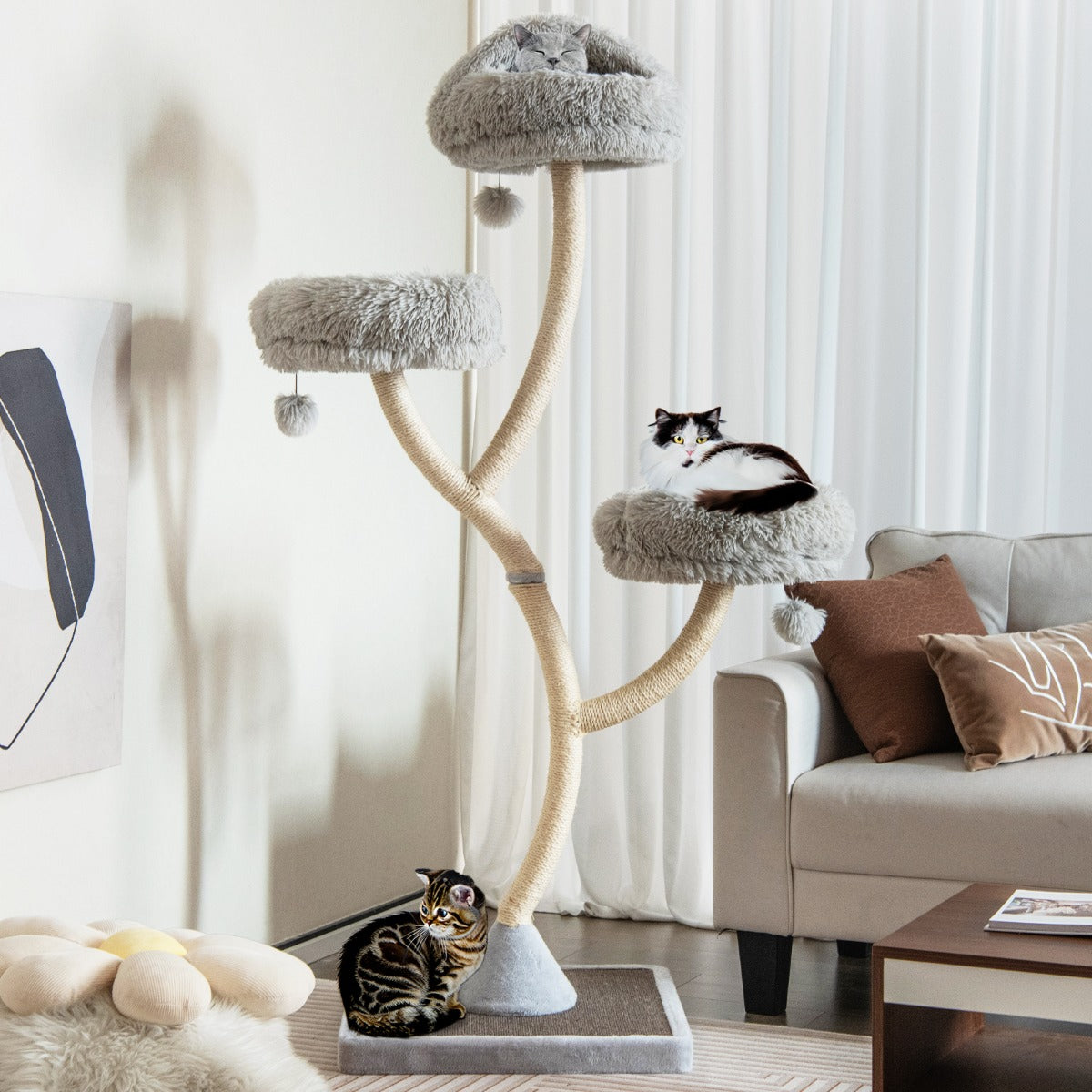 Torre para Gatos com Estrutura de Suporte em Metal Postes Plataforma Arranhadores em Sisal 59 x 59 x 178 cm - Cinzento