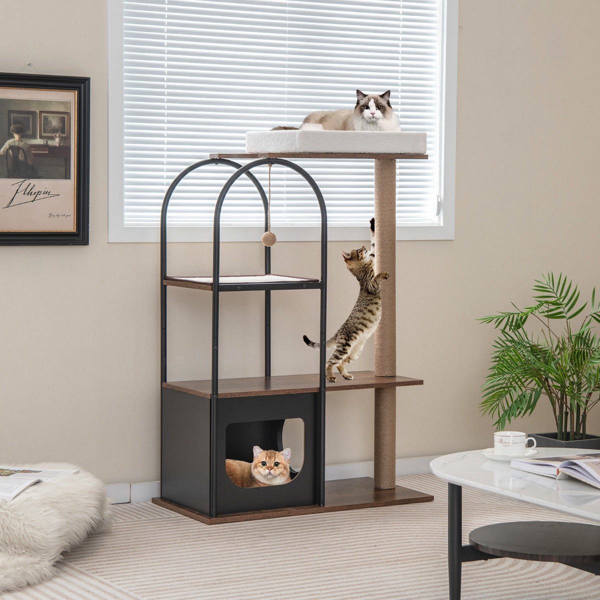 Torre para Gatos com Estrutura de Metal e Postes de Arranhar em Juta - Centro de Atividades para Gatos Preto