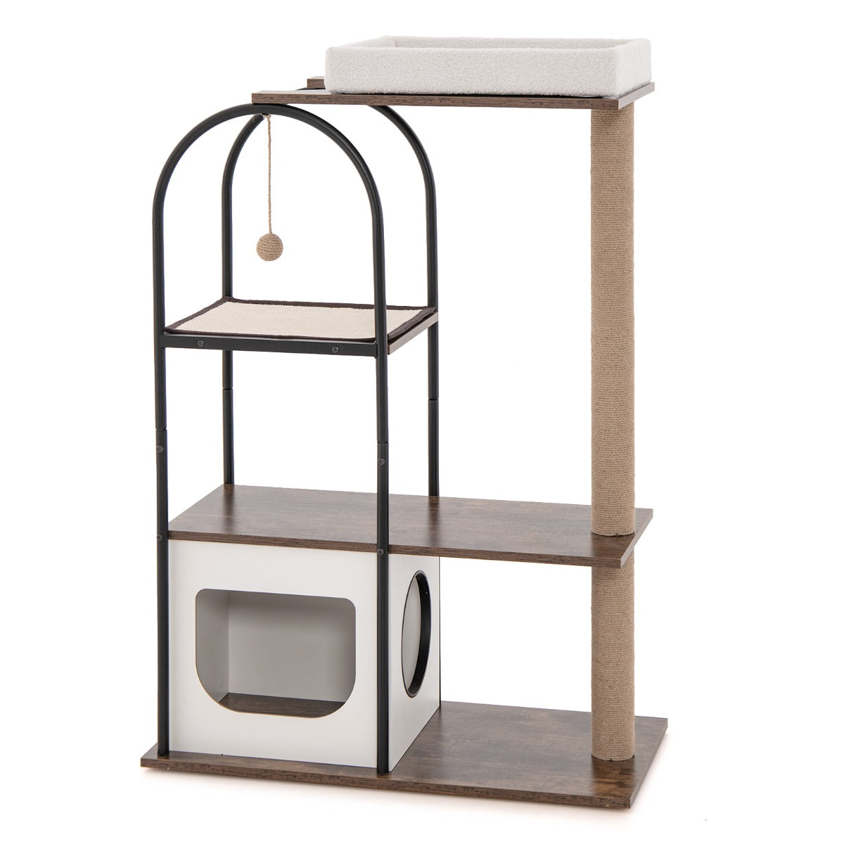 Torre para Gatos 118 cm com Estrutura de Metal Postes Arranhadores de Juta Plataforma de Sisal Bola Pendente Centro de Atividades para Gatos Branco