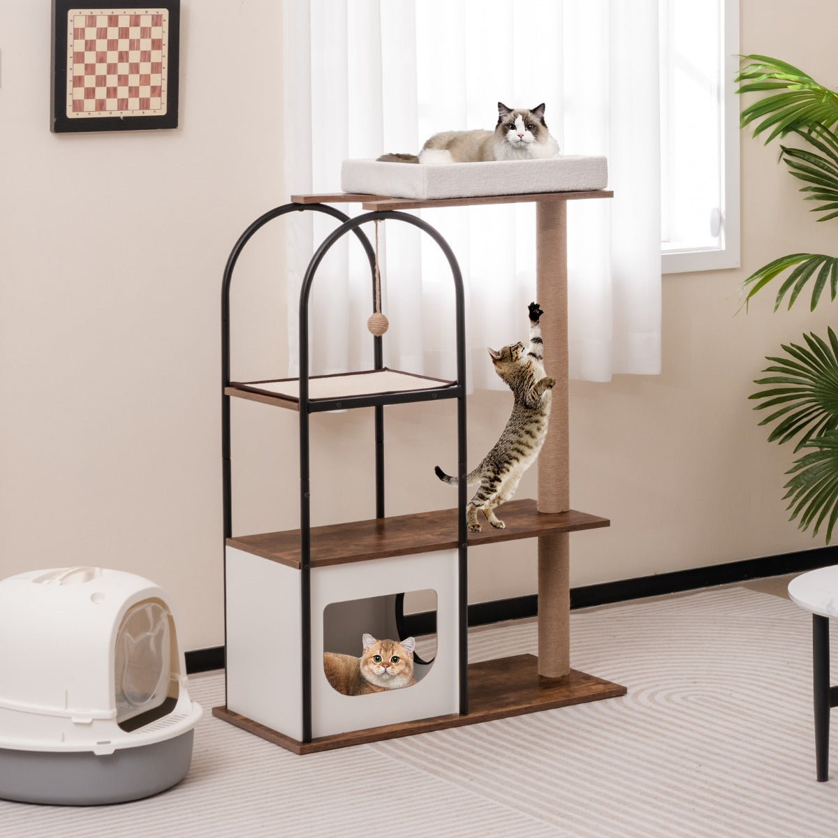 Torre para Gatos 118 cm com Estrutura de Metal Postes Arranhadores de Juta Plataforma de Sisal Bola Pendente Centro de Atividades para Gatos Branco