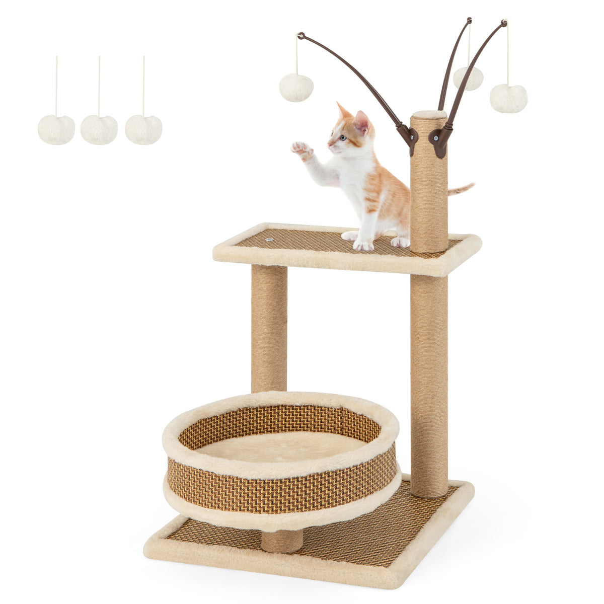 Torre de Gatos Interior com Tapete de Ratan e Brinquedos Pendurados - Centro de Atividades Acolhedor