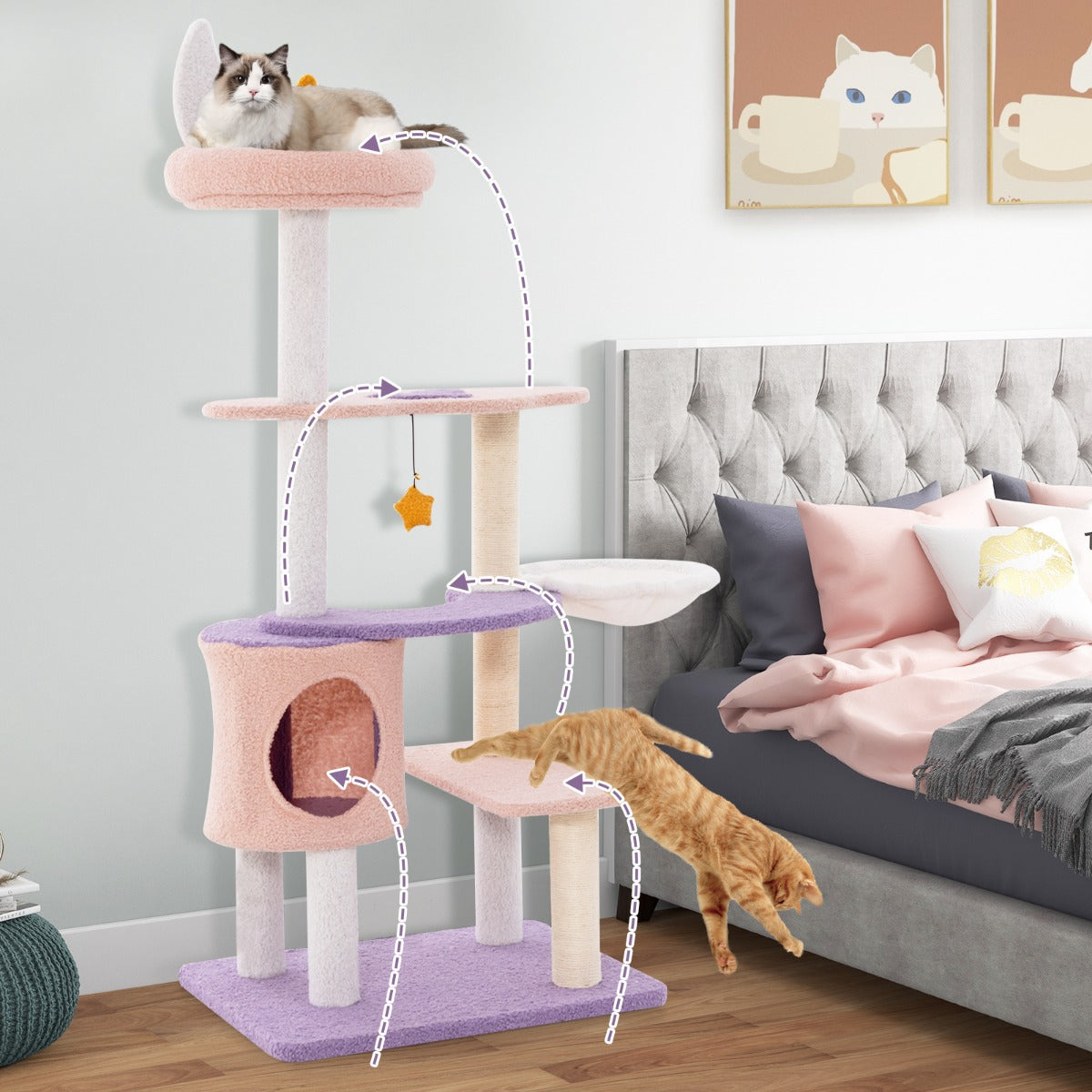 Torre para Gatos de Vários Níveis Rosa Purpúreo com Postes Arranhadores Cobertos de Sisal e Hamaca Condomínio Percha de Peluche Brinquedos Pendurados