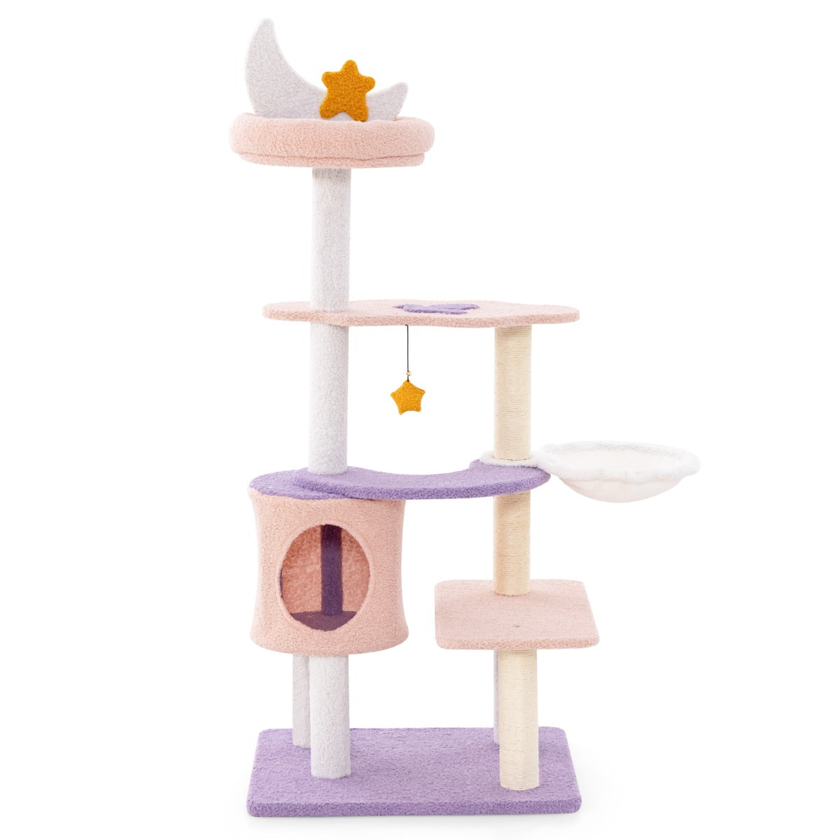 Torre para Gatos de Vários Níveis Rosa Purpúreo com Postes Arranhadores Cobertos de Sisal e Hamaca Condomínio Percha de Peluche Brinquedos Pendurados