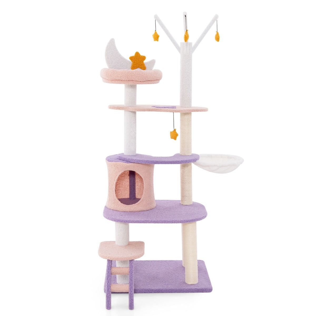 Torre para Gatos de Vários Níveis de 158 cm com Escada Poste Arranhador Coberto de Sisal Condomínio Percha de Peluche Hamaca Roxa