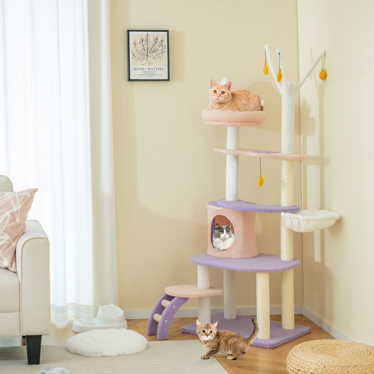 Torre para Gatos de Vários Níveis de 158 cm com Escada Poste Arranhador Coberto de Sisal Condomínio Percha de Peluche Hamaca Roxa