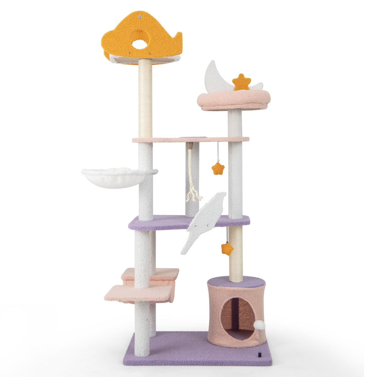 Torre para Gatos de 167 cm com Postes Arranhadores Cobertos de Sisal Plataforma em Forma de Avião Percha de Pelúcia Corda de Sisal Roxa