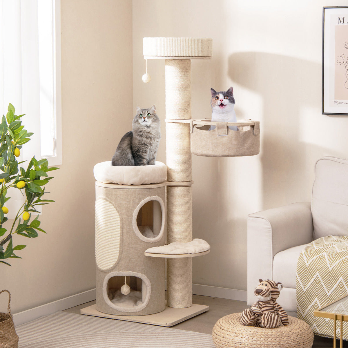 Torre para Gatos de Vários Níveis com Condomínio de 2 Pisos - Natural