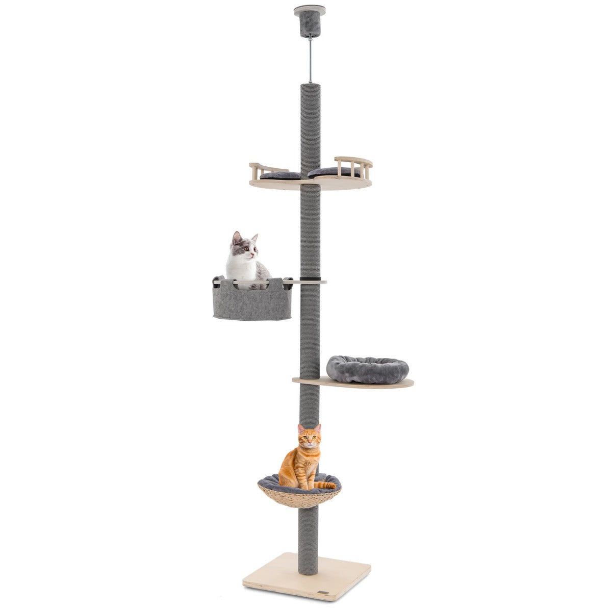 Torre para Gatos de Madeira de 5 Níveis com Hamaca Acolhedora e Poste Arranhador em Cinzento