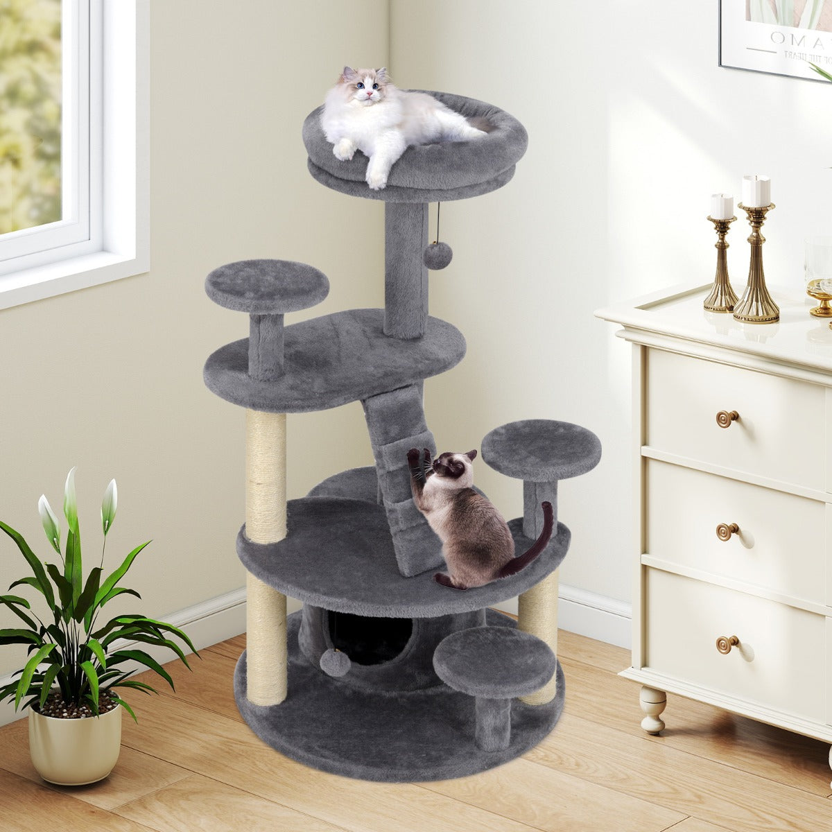 Torre para Gatinhos Multinível com Condomínio e Postes de Arranhar Plataformas de Salto Escada 64 x 60 x 101 cm Cinzento