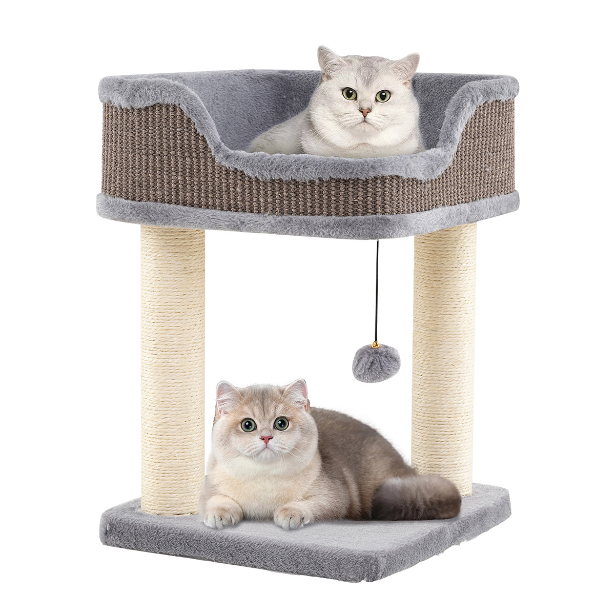 Torre para Gatos de 2 Níveis com Percha de Peluche 2 Postes Arranhadores de Sisal Bola Pendurada com Sino 38 x 38 x 51 cm Cinzento