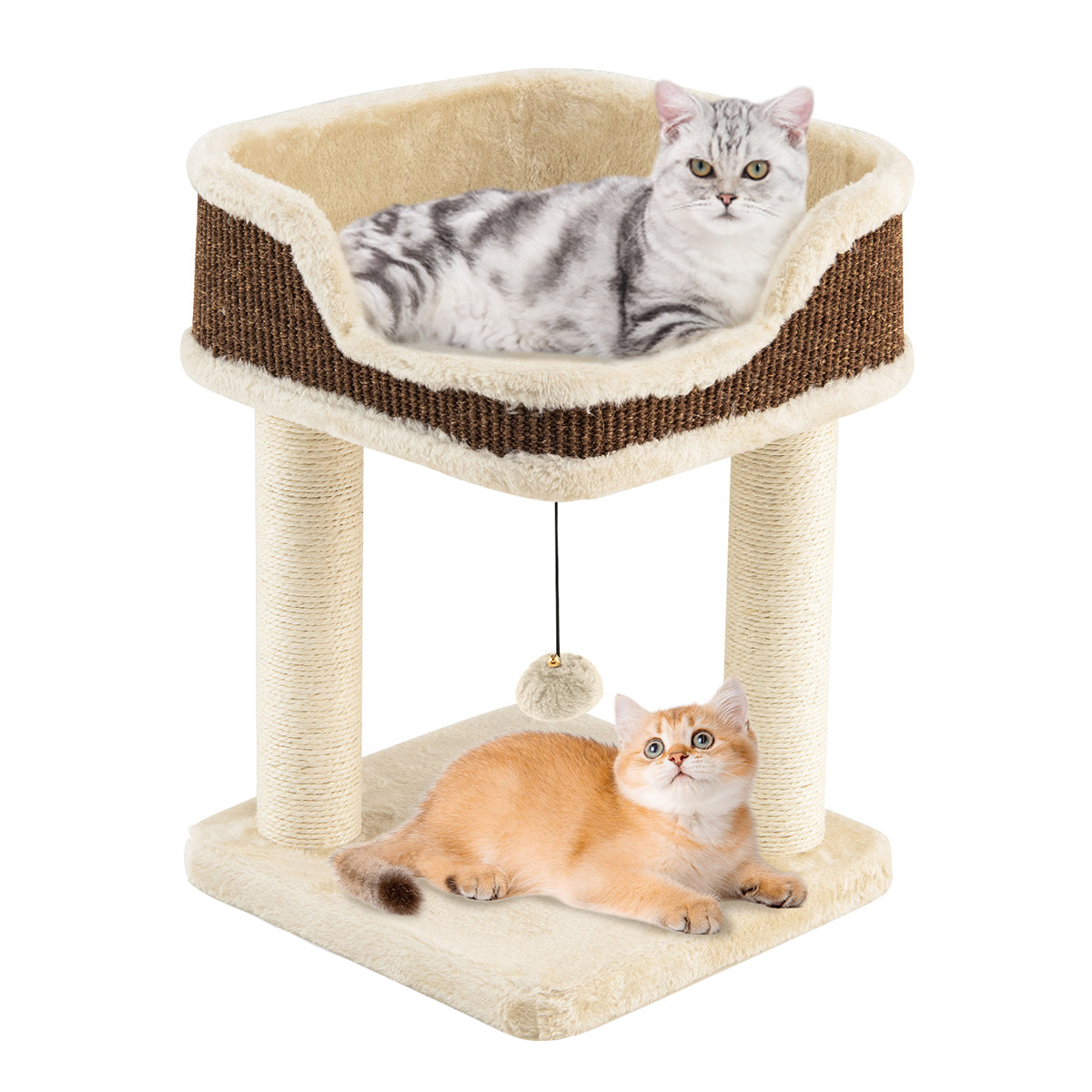 Torre para Gatos de 2 Níveis com Percha de Peluche 2 Postes Arranhadores de Sisal Bola Pendurada com Sino 38 x 38 x 51 cm Bege