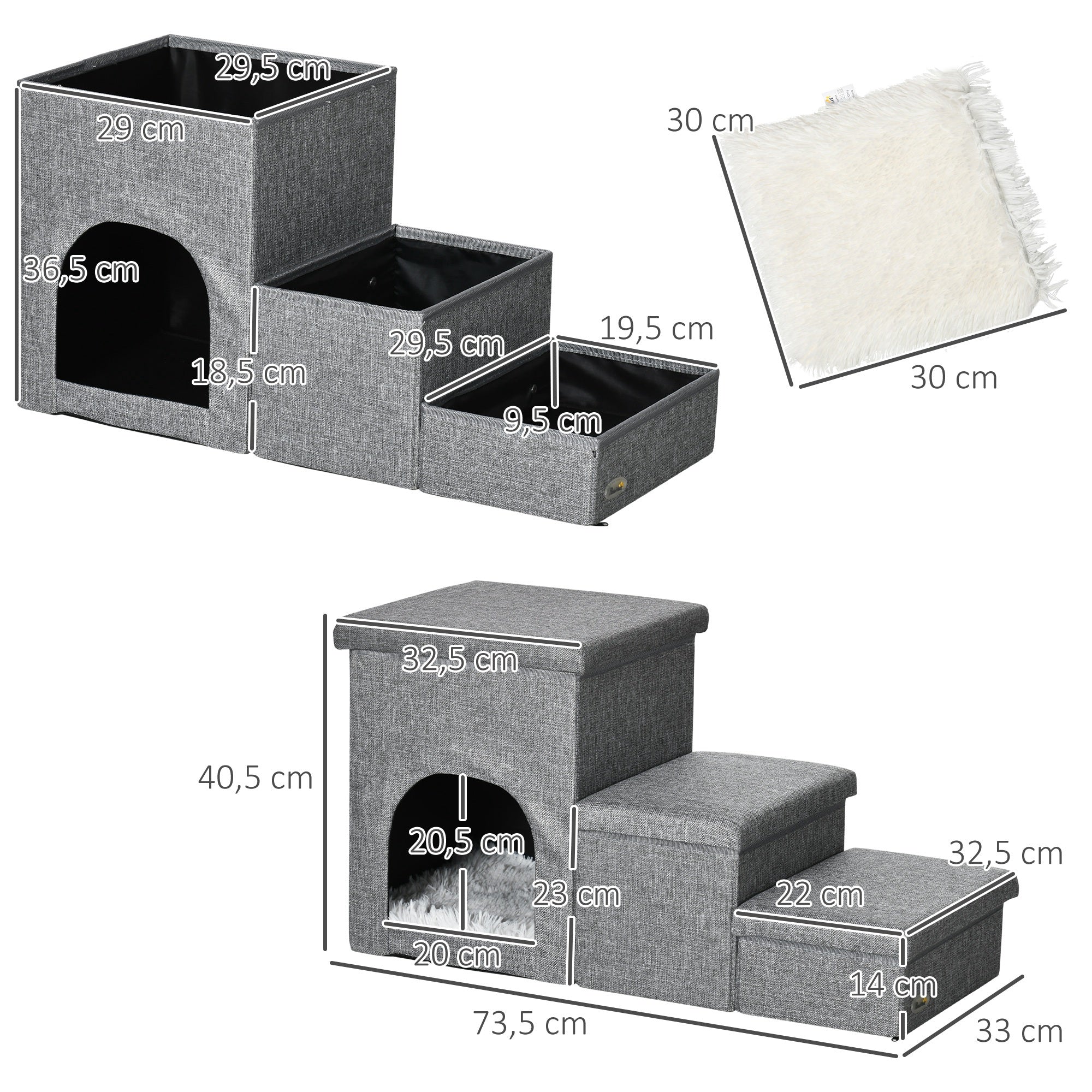 Escada para Animais de Estimação – 73,5x33x40,5cm – Cinza Claro – Tecido de linho, pelúcia, algodão PP e MDF
