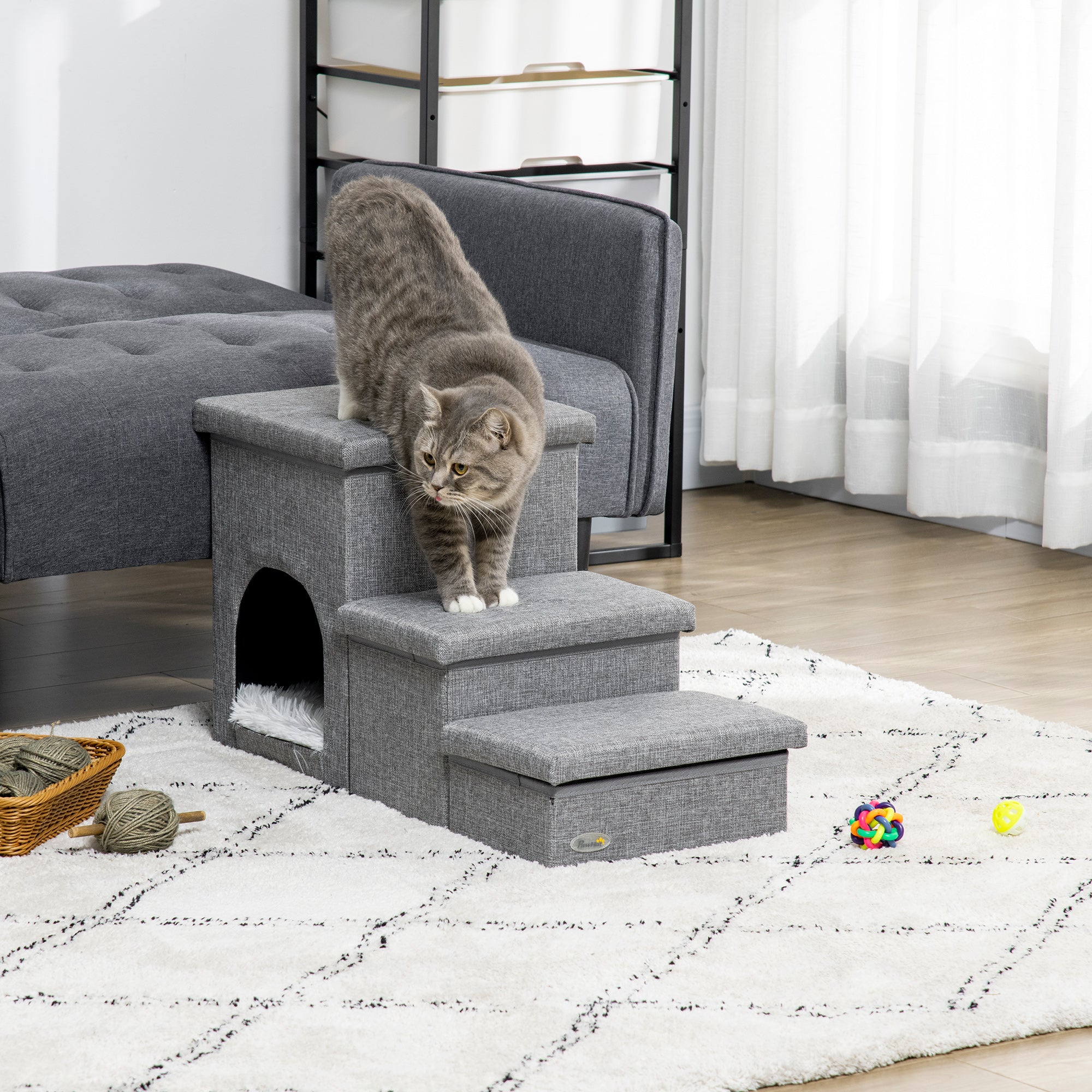 Escada para Animais de Estimação – 73,5x33x40,5cm – Cinza Claro – Tecido de linho, pelúcia, algodão PP e MDF